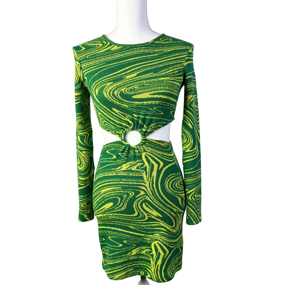 Zara Knit‎ Mini Dress Green Yellow Swirl Pattern Long Sleeve Cut Out Bodycon S
